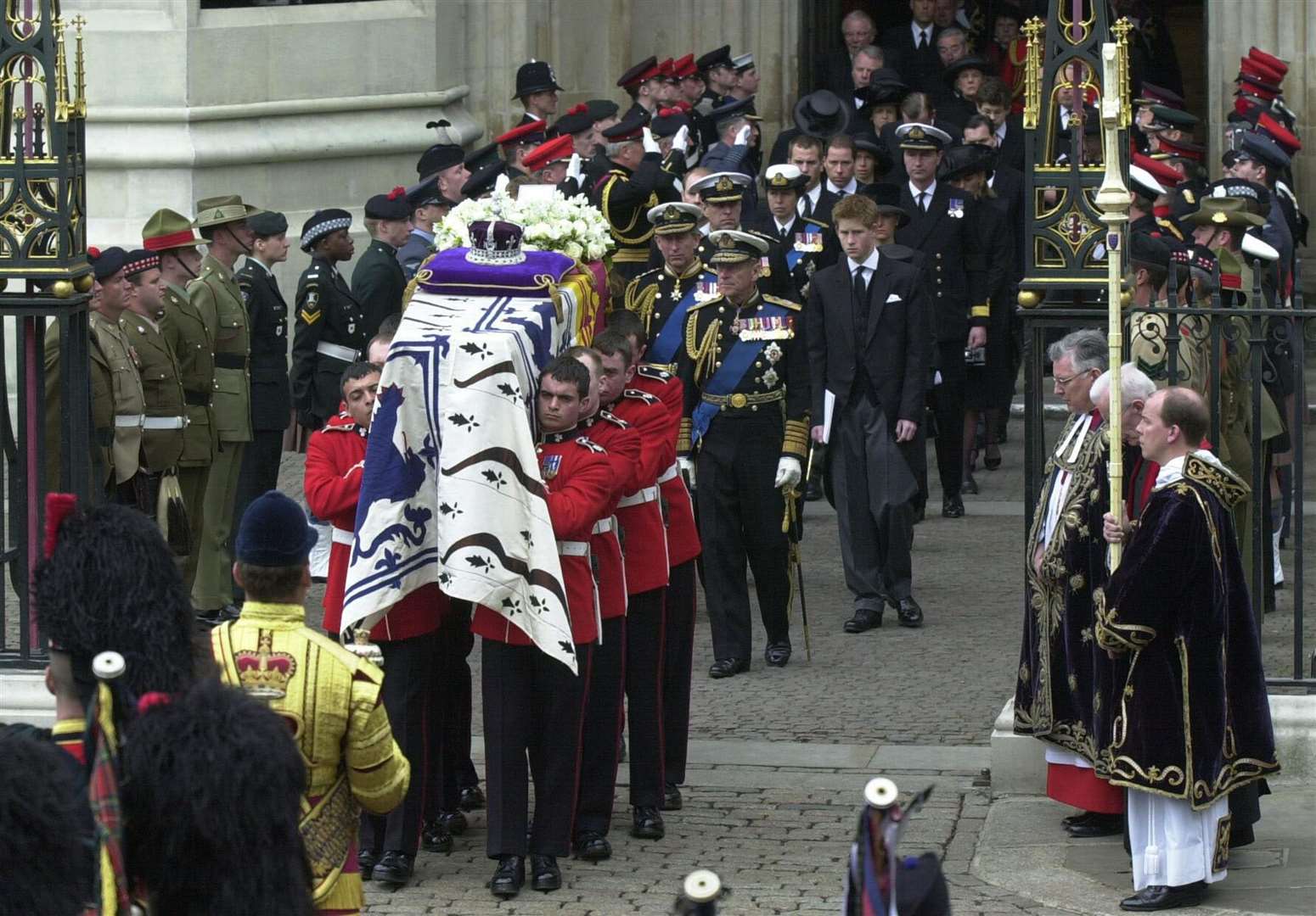 The Queen Mother’s coffin being carried from Westminster Abbey (Toby Melville/PA)