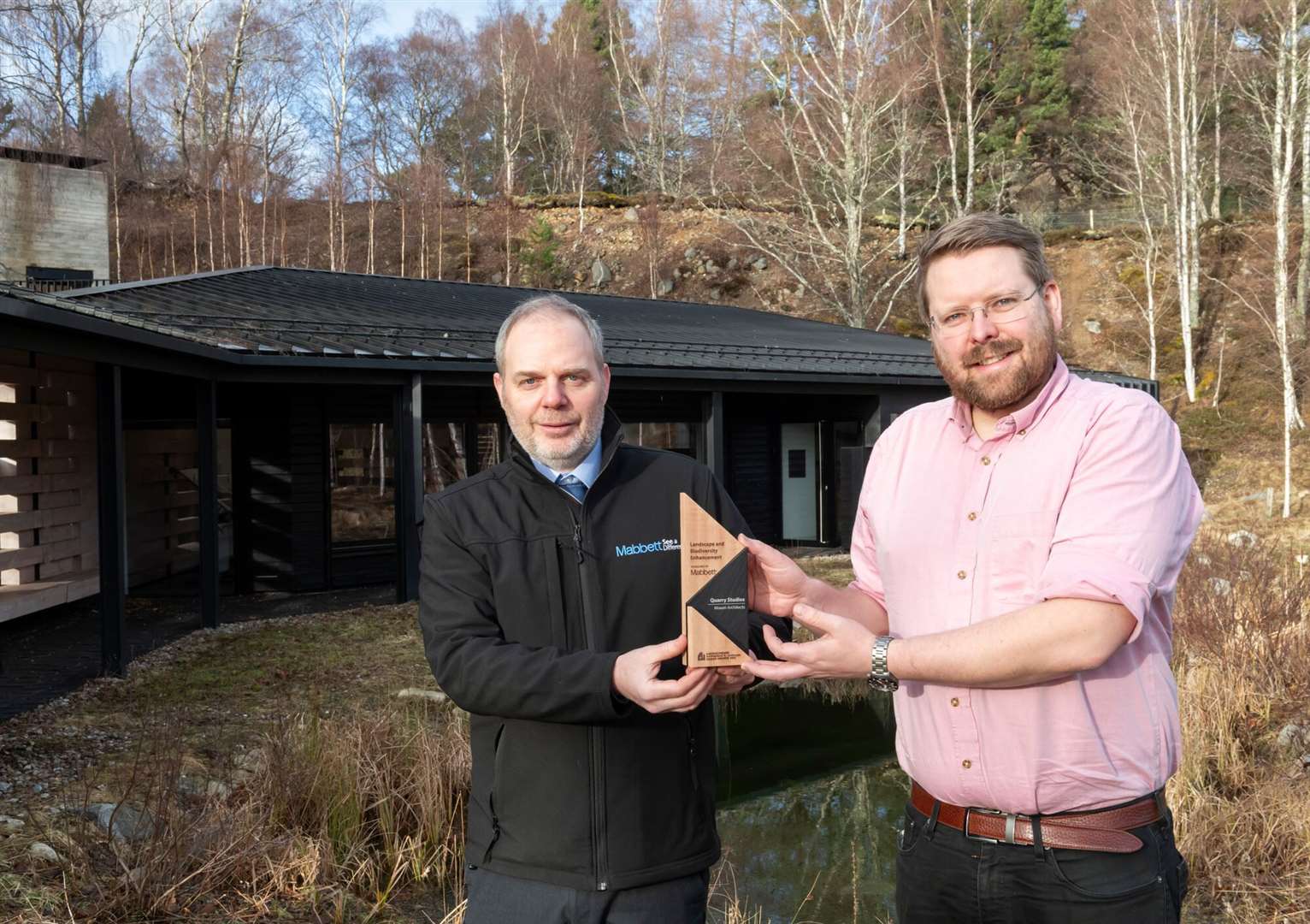 The overall winner of the Landscape and Biodiversity Enhancement category was Moxon Architects for their entry, Quarry Studios. The trophy was presented by Kenny Shand from Mabbett Ltd to Andrew Macpherson on behalf of Moxon Architects.
