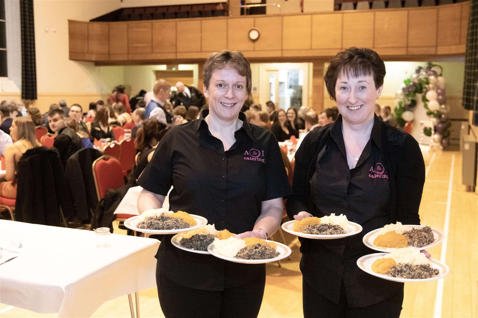 Kath Munro (left) and Lorna Wright (right) from A & J Catering at the 2023 Strathbogie Burns Supper at Stewarts Hall in Huntly...Picture: Beth Taylor.