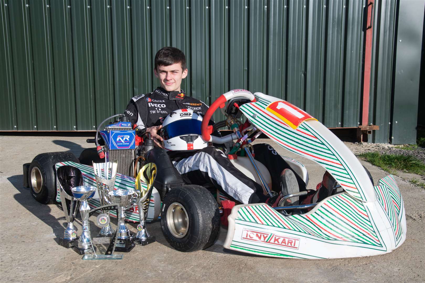 Mark Paterson with his karting trophy haul at his Westerton Farm home. Picture: Daniel Forsyth