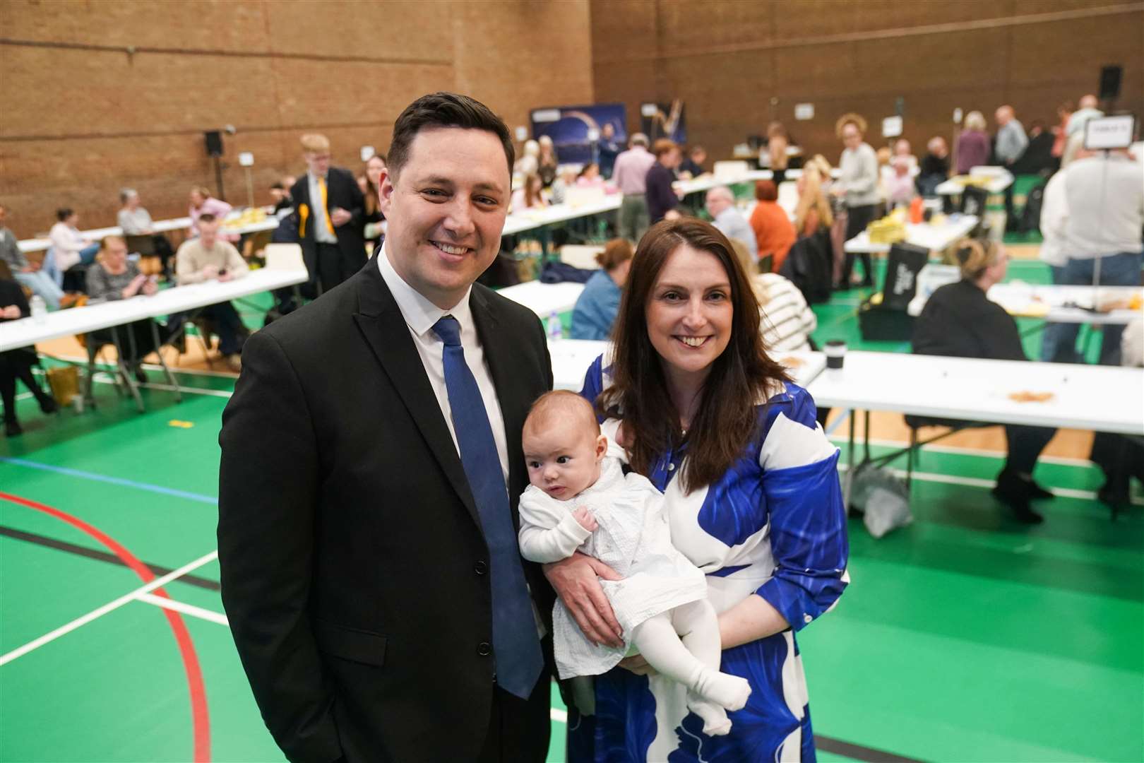 Conservative Party candidate Lord Ben Houchen with his wife Rachel Houchen and baby Hannah during a count of votes for the Tees Valley mayoral election in the Thornaby Pavilion, Stockton-on-Tees (Owen Humphreys/PA)