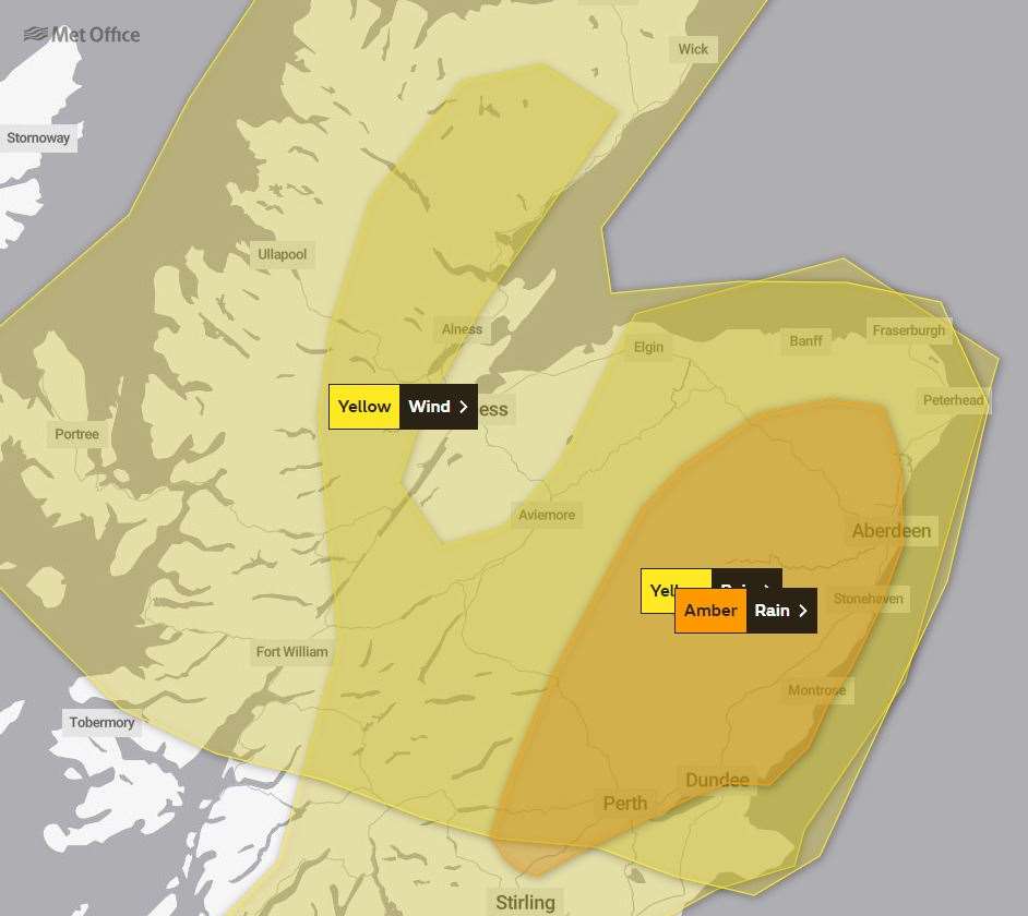 An amber warning has been issued by the Met Office as well as yellow warnings.