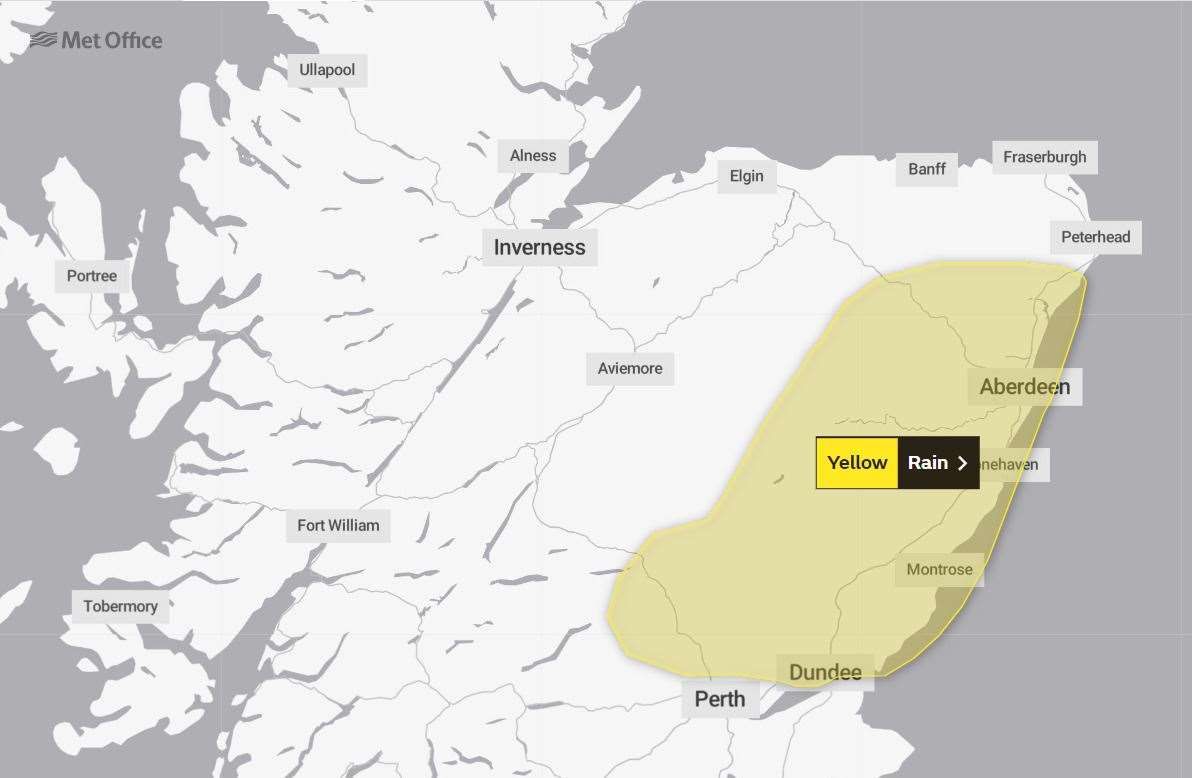 A yellow weather warning for heavy rain has been updated for the Grampian area.