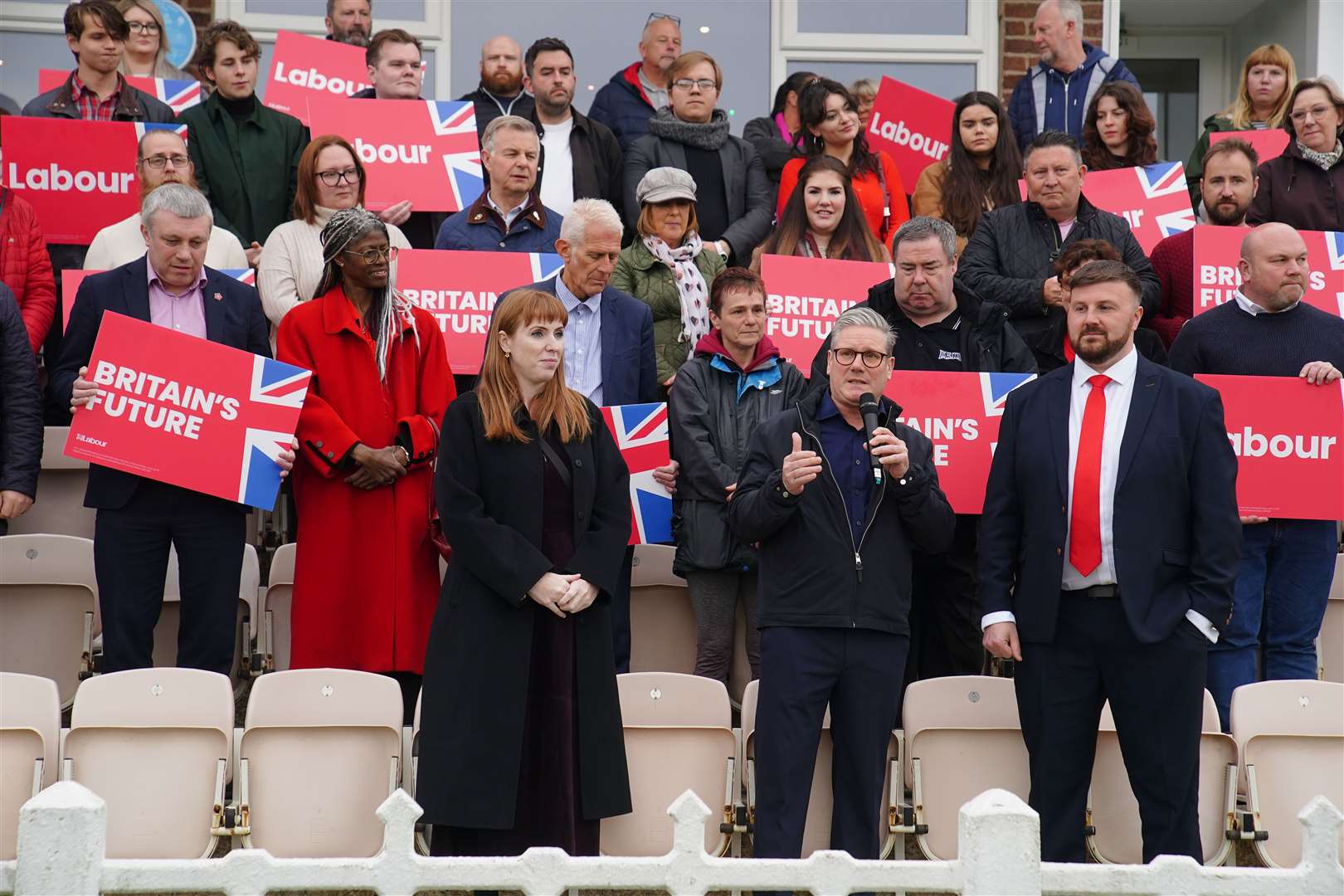 Newly elected Labour MP Chris Webb with Labour leader Sir Keir Starmer and deputy leader Angela Rayner at Blackpool Cricket Club (Peter Byrne/PA)