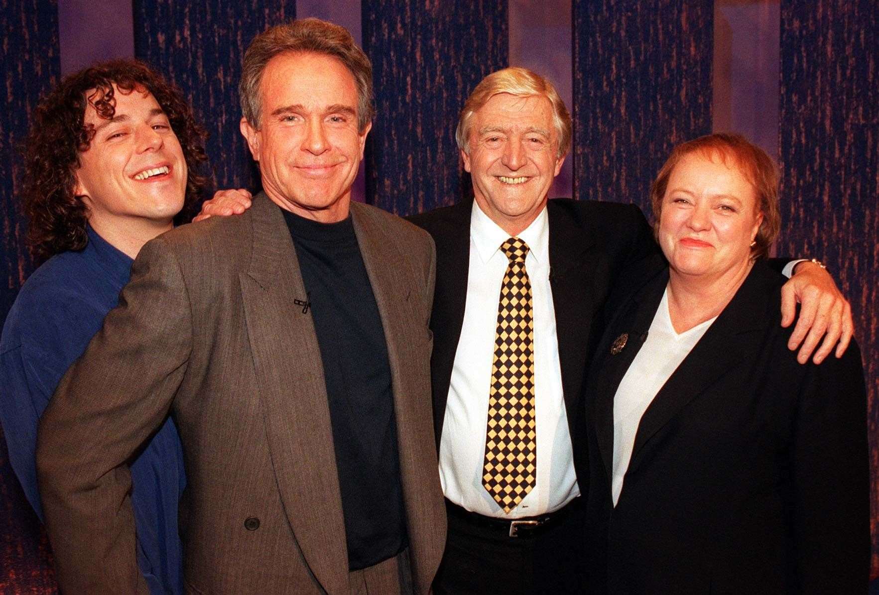 Sir Michael (second right) with guests Alan Davies, Warren Beatty and Mo Mowlam (BBC/PA)