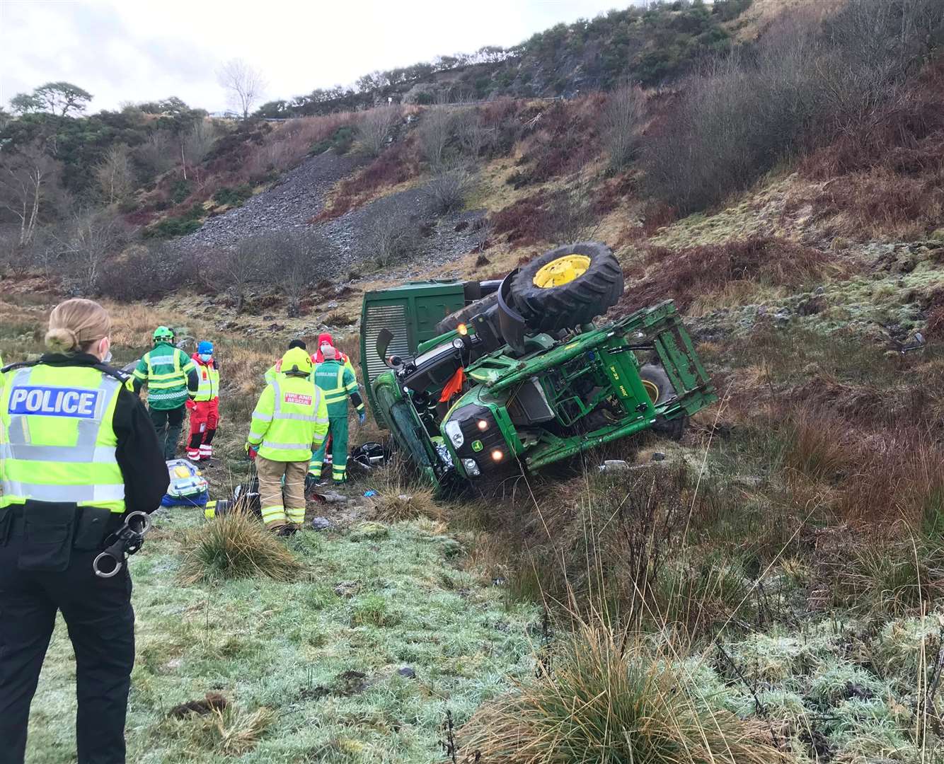 A man was airlifted to hospital following an accident near Fyvie involving an tractor and trailer which left the road. Picture: Courtesy of SCAA.