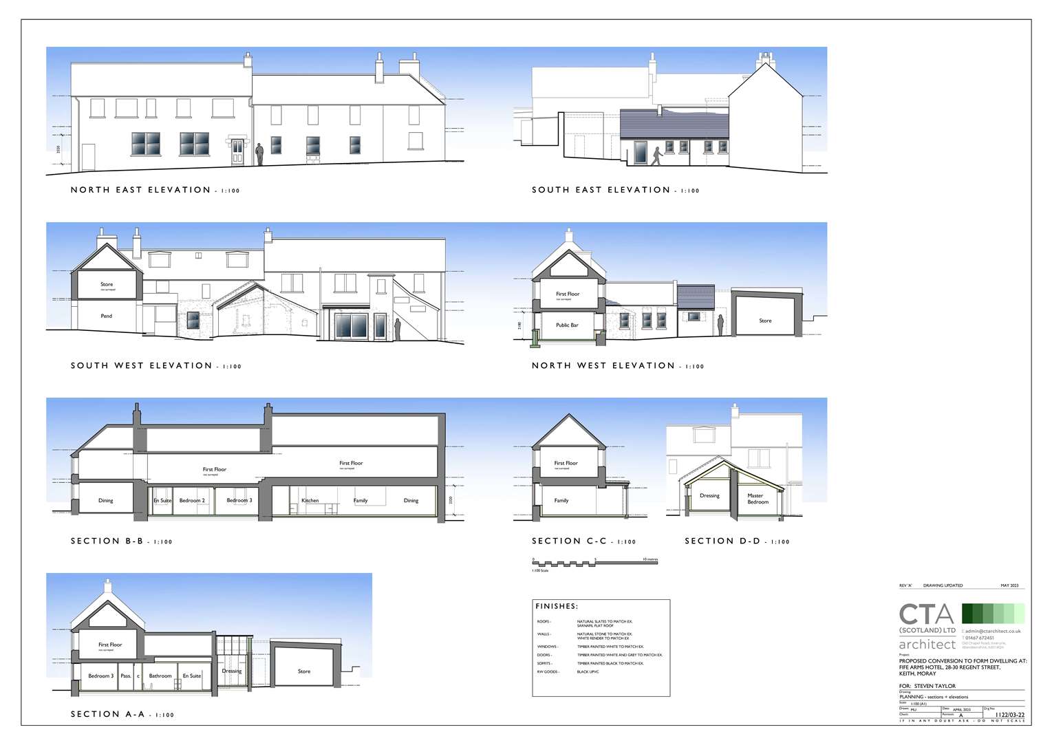 The proposed elevations and sections of the Fife Arms under the plans.