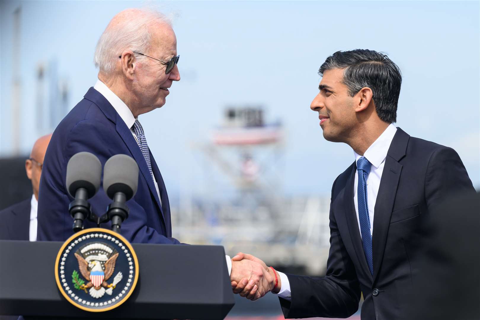 Prime Minister Rishi Sunak shakes hands with US President Joe Biden during a press conference in San Diego (Leon Neal/PA)