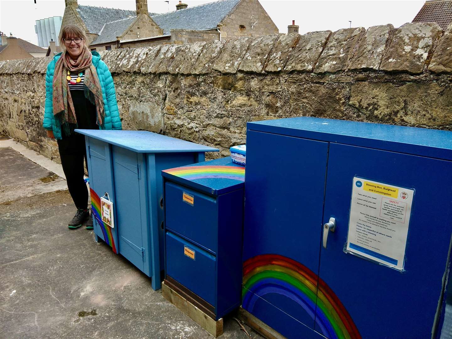Carrie Marlow, of Burghead Free Church, by the Blessing Boxes in Burghead.