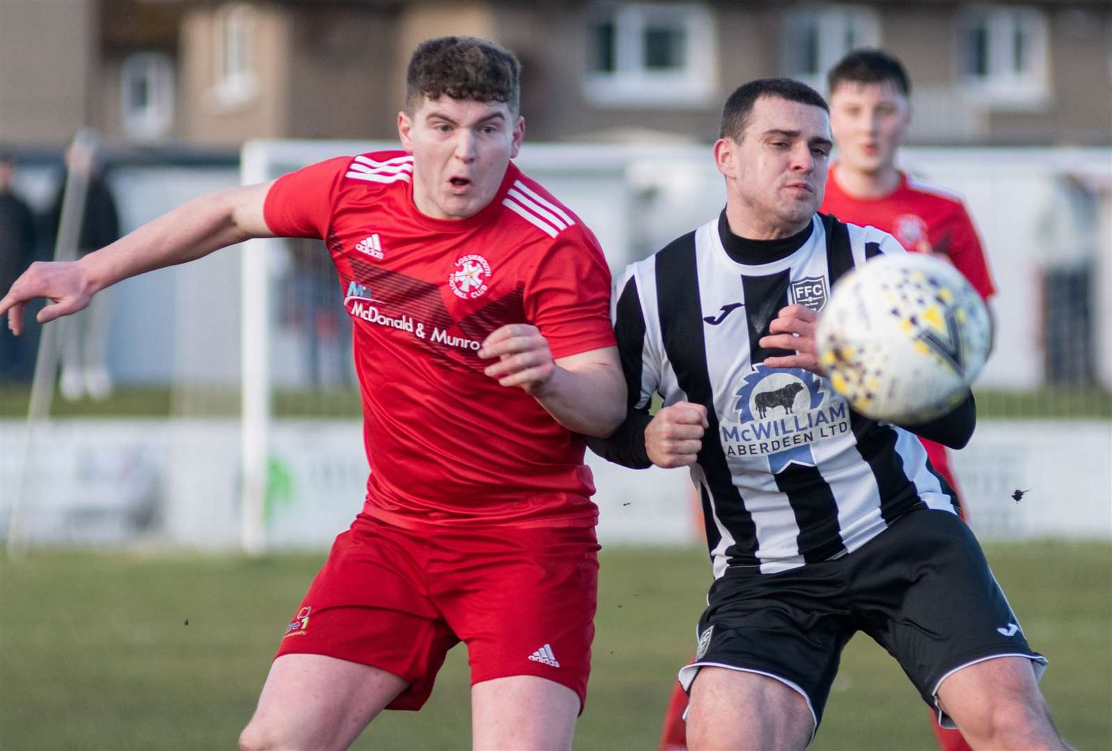 Former Lossiemouth defender Fergus Edwards (left) put Vale two ahead in the final. Picture: Daniel Forsyth
