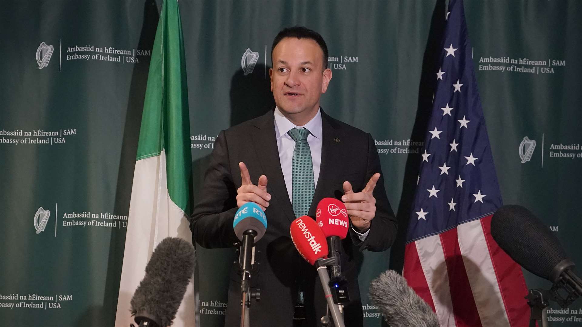 Taoiseach Leo Varadkar speaking in the Senate Room at the Mayflower Hotel in Washington DC earlier in the day (Niall Carson/PA)