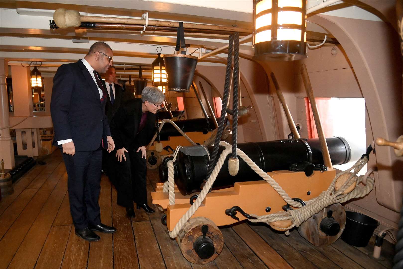 Foreign Secretary James Cleverly and Australian Minister for Foreign Affairs Senator Penny Wong view a cannon on the gun deck of HMS Victory in Portsmouth (Toby Melville/PA)
