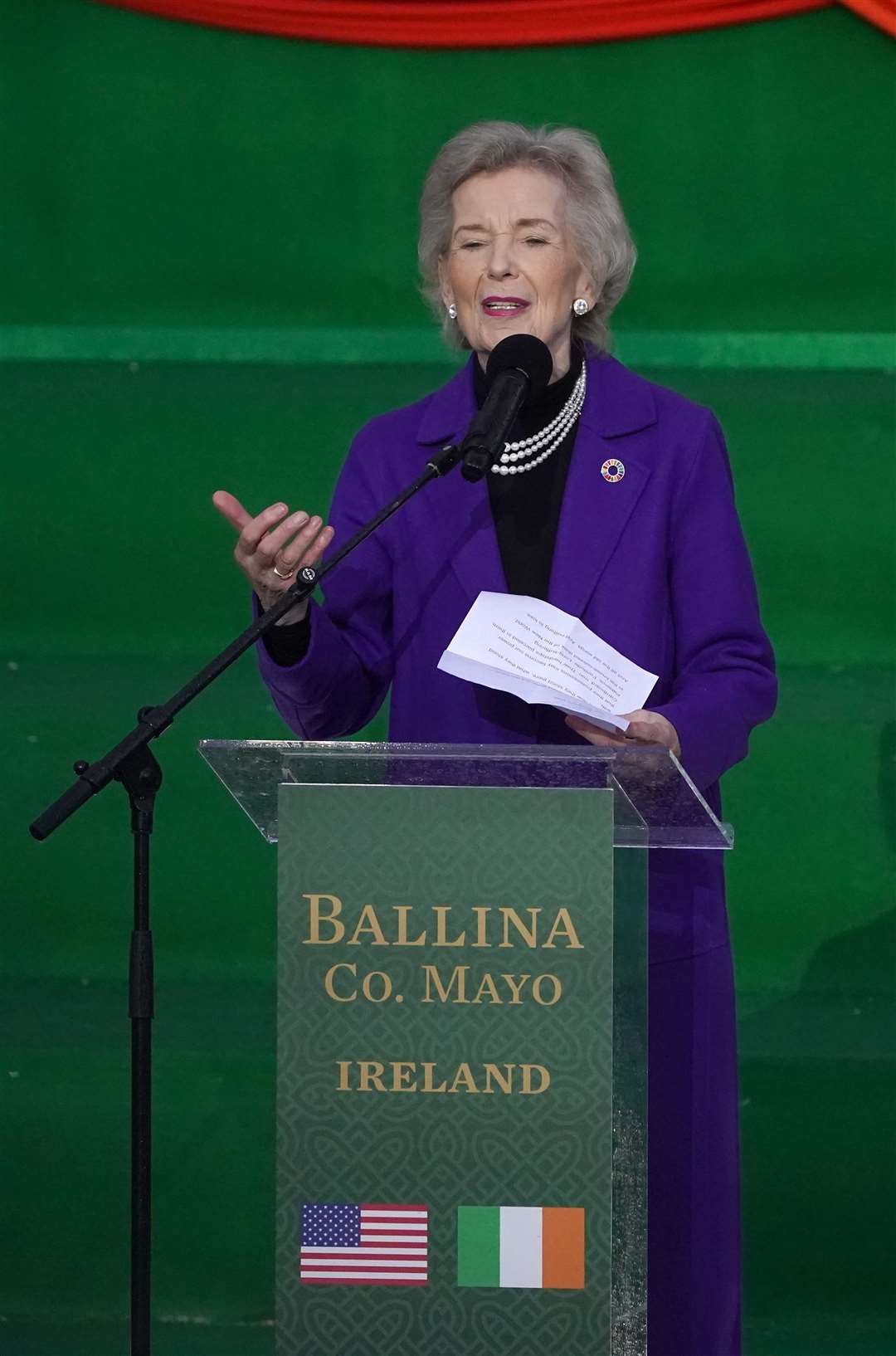 Former Irish president Mary Robinson speaking on stage before Mr Biden delivered a speech at St Muredach’s Cathedral in Ballina (Brian Lawless/PA)