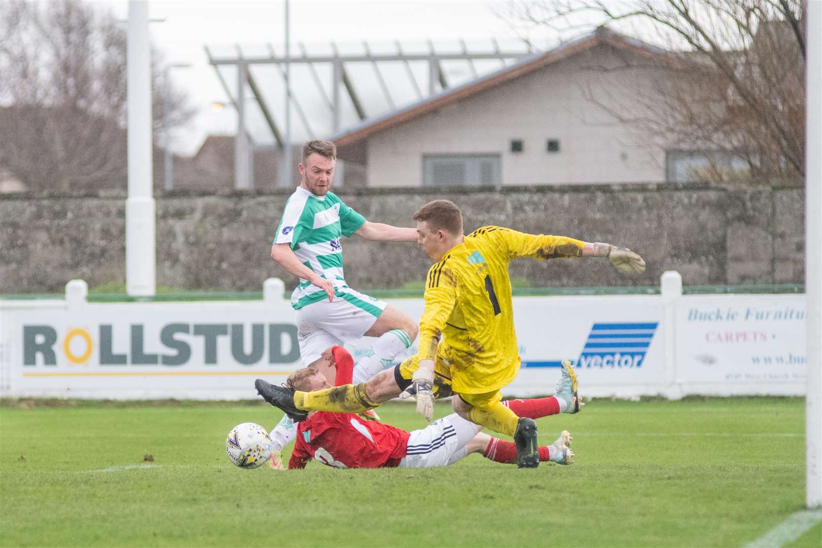 Josh Peters scores an equaliser for the Buckie Jags in the first half...Buckie Thistle FC (3) vs Deveronvale FC (2) - Highland Football League 22/23 - Victoria Park, Buckie 03/01/2023...Picture: Daniel Forsyth..