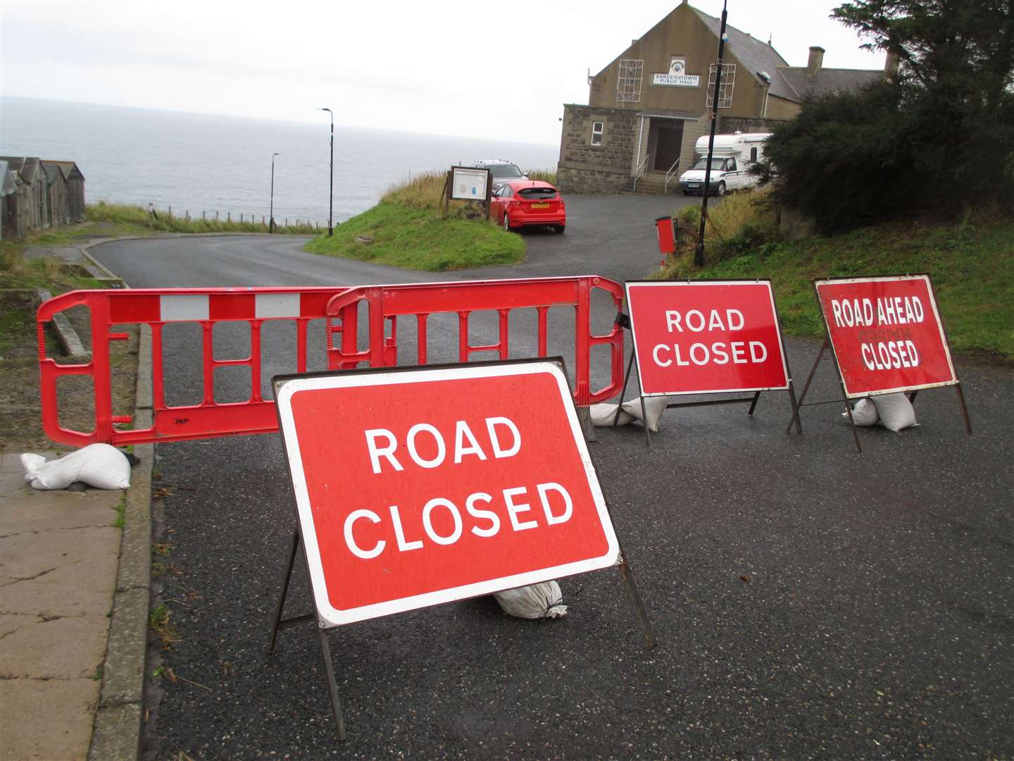 The road through the lower part of Gardenstown was closed at the village's public hall.