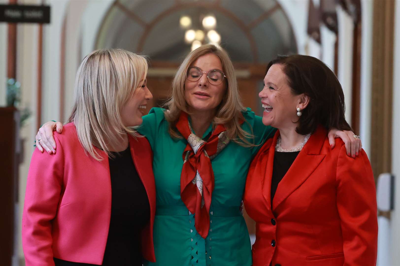 Left to right, Sinn Fein’s Michelle O’Neill, Tina Black and Mary Lou McDonald at Belfast City Hall (Liam McBurney/PA).