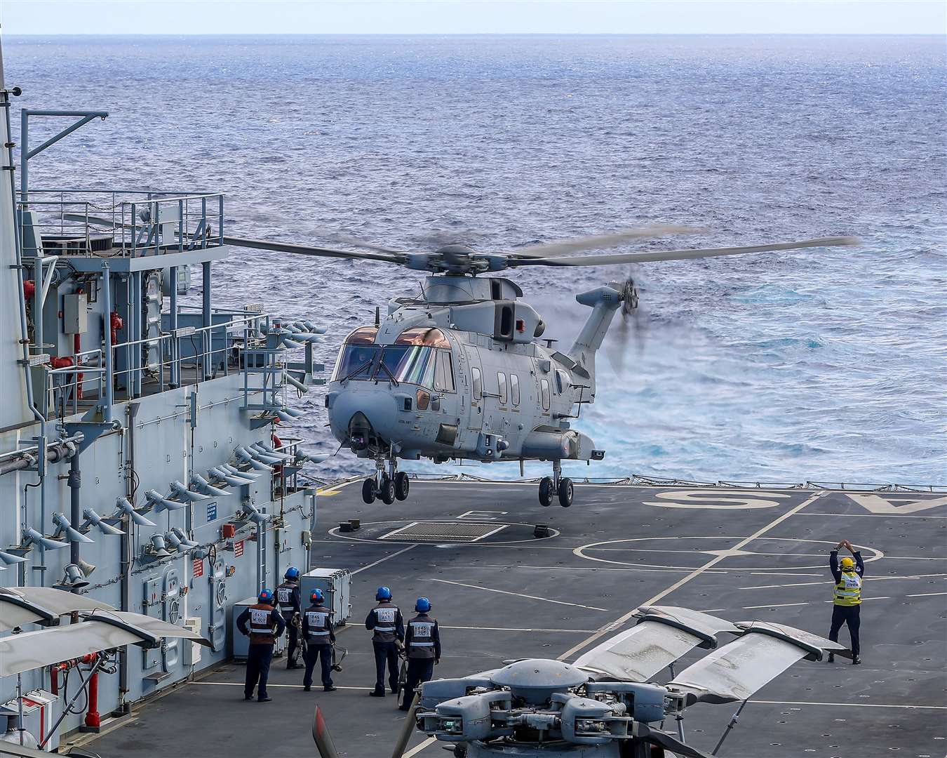 A Merlin helicopter from 845 Naval Air Squadron lifting off from RFA Argus (LPhot Oates/Royal Navy/PA)