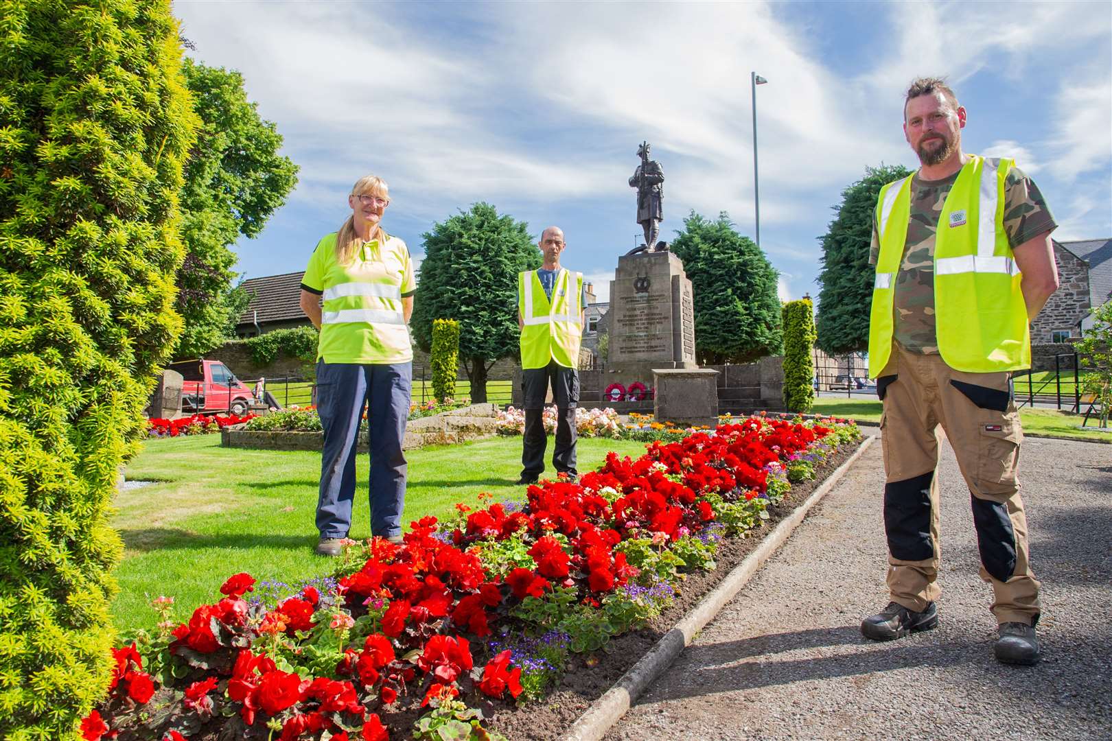 (From left) Cherry Wells, John Cameron and Steven Taylor, of Moray Council (east) lands and parks, who have been involved in redesigning the planting at Keith War Memorial. Picture: Daniel Forsyth.