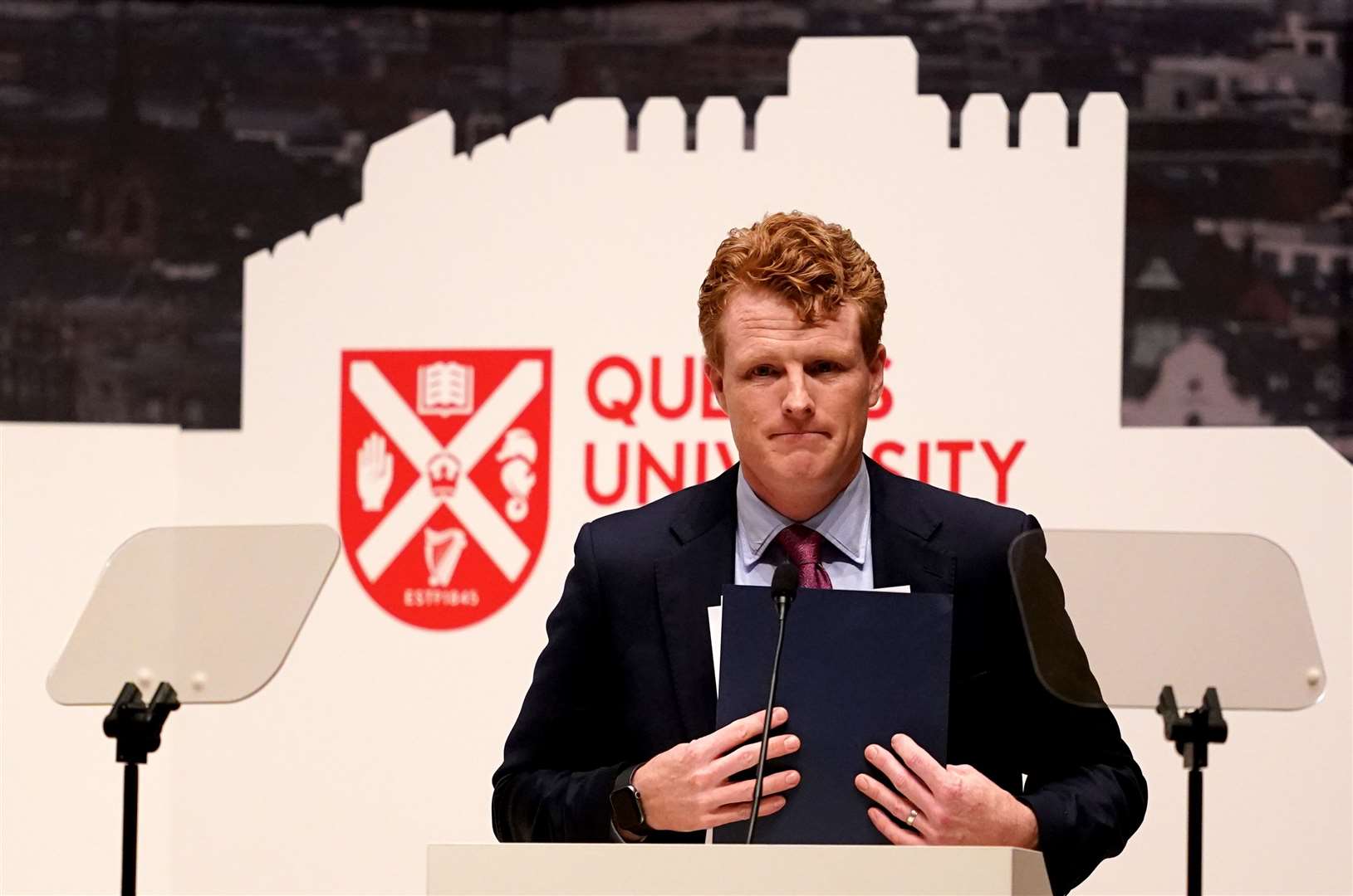 Congressman Joe Kennedy III speaking during the international conference at Queen’s University Belfast (Brian Lawless/PA)
