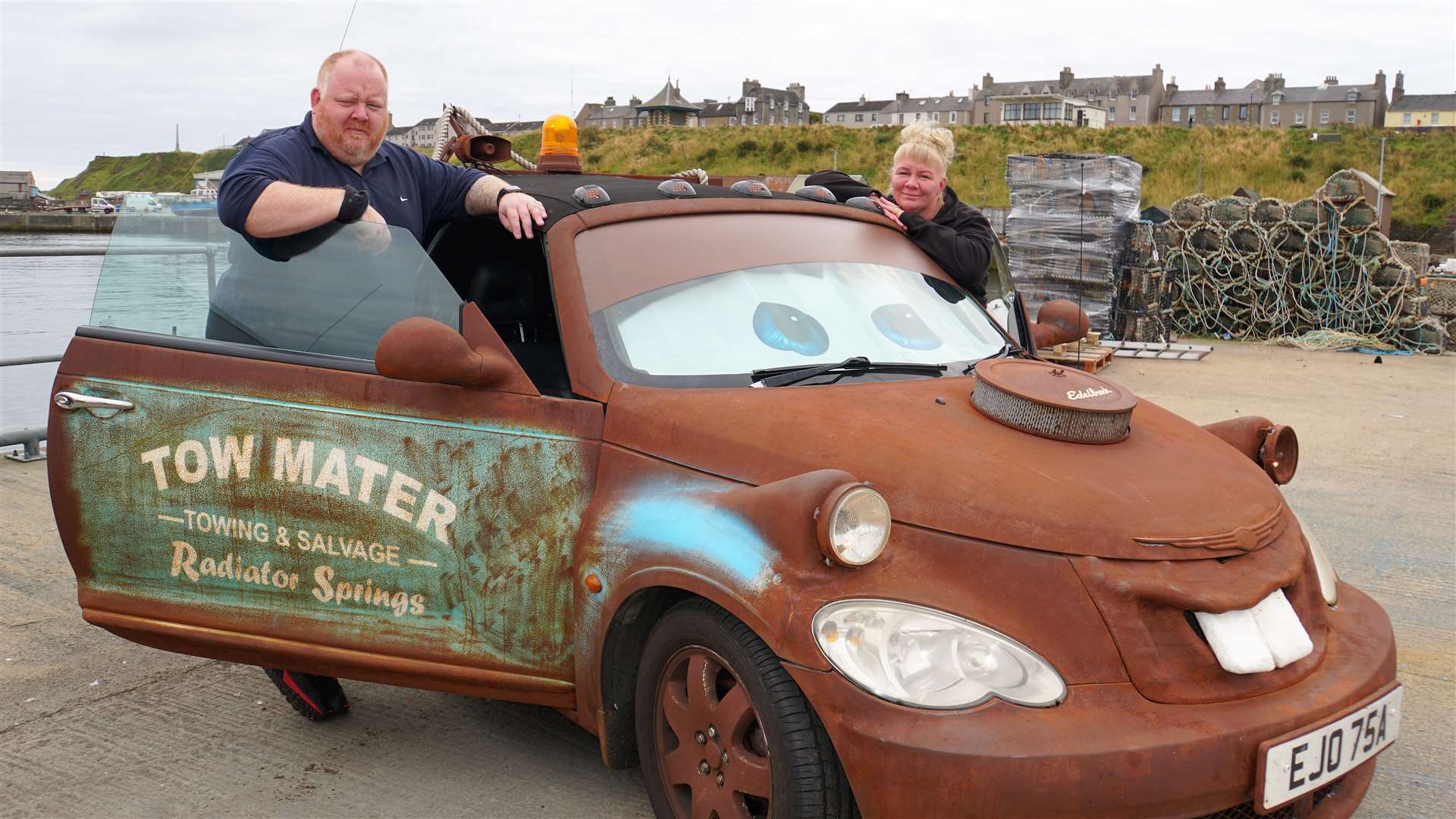 Billy and Yvonne Campbell with Tow Mater. The rust was actually sprayed on and the vehicle quite roadworthy actually.