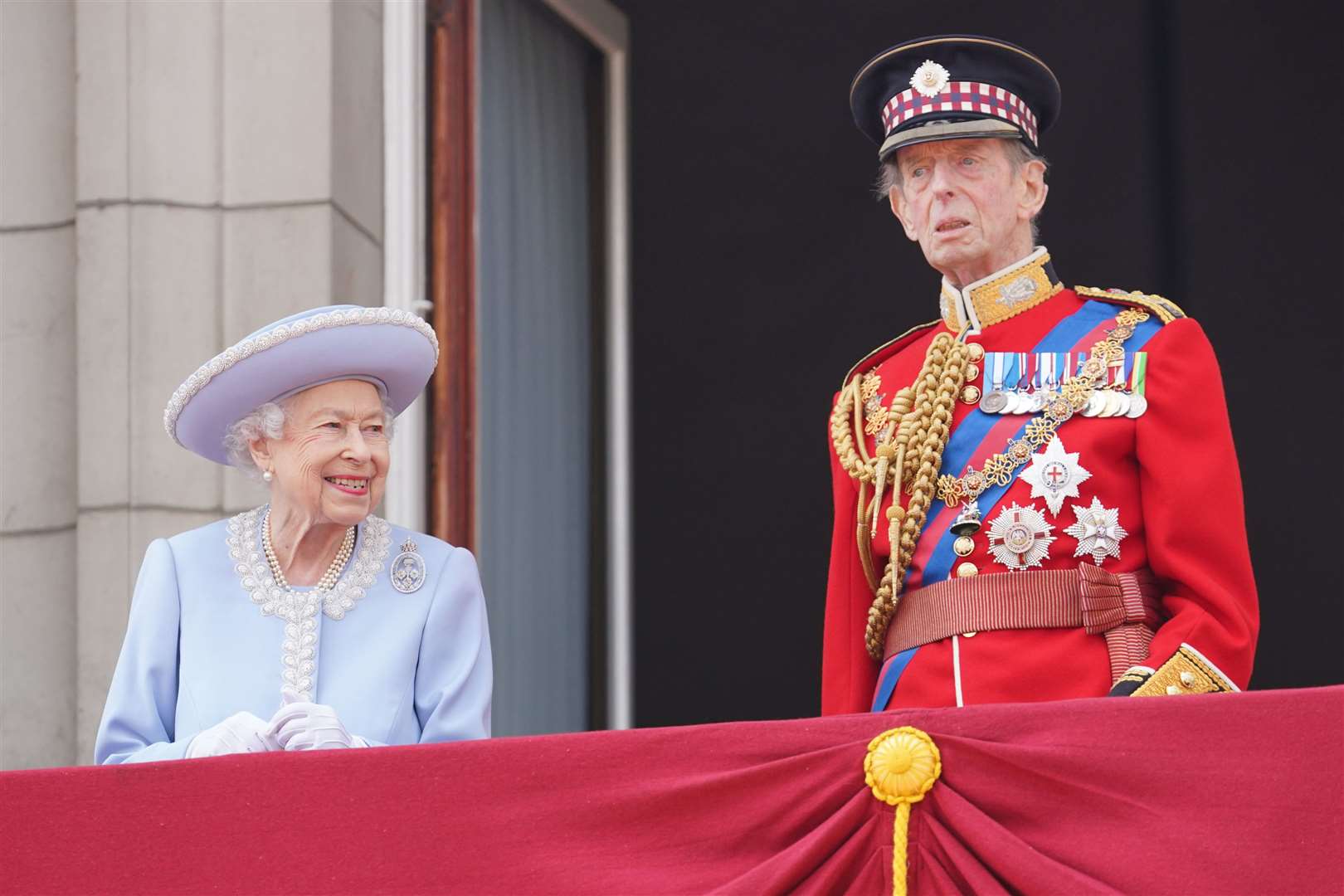 The Queen and the Duke of Kent watching the military pass by Buckingham Palace (Jonathan Brady/PA)
