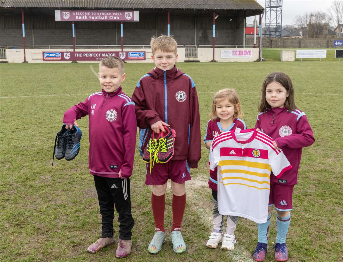 From left: Lewis McKay, Fraser Troup, Leah McKay and Emily Hector show off some of the recycled and pre-loved sports kit which has been donated already. Picture: Beth Taylor