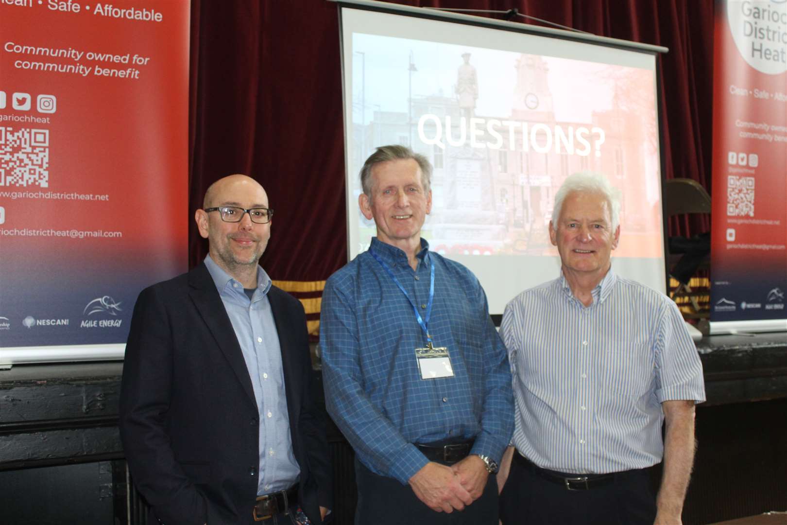 Speakers (left) Tom Nockolds, George Niblock and Ian Booth who presented Garioch District Heat meeting in Inverurie town hall on Saturday. Picture: Griselda McGregor