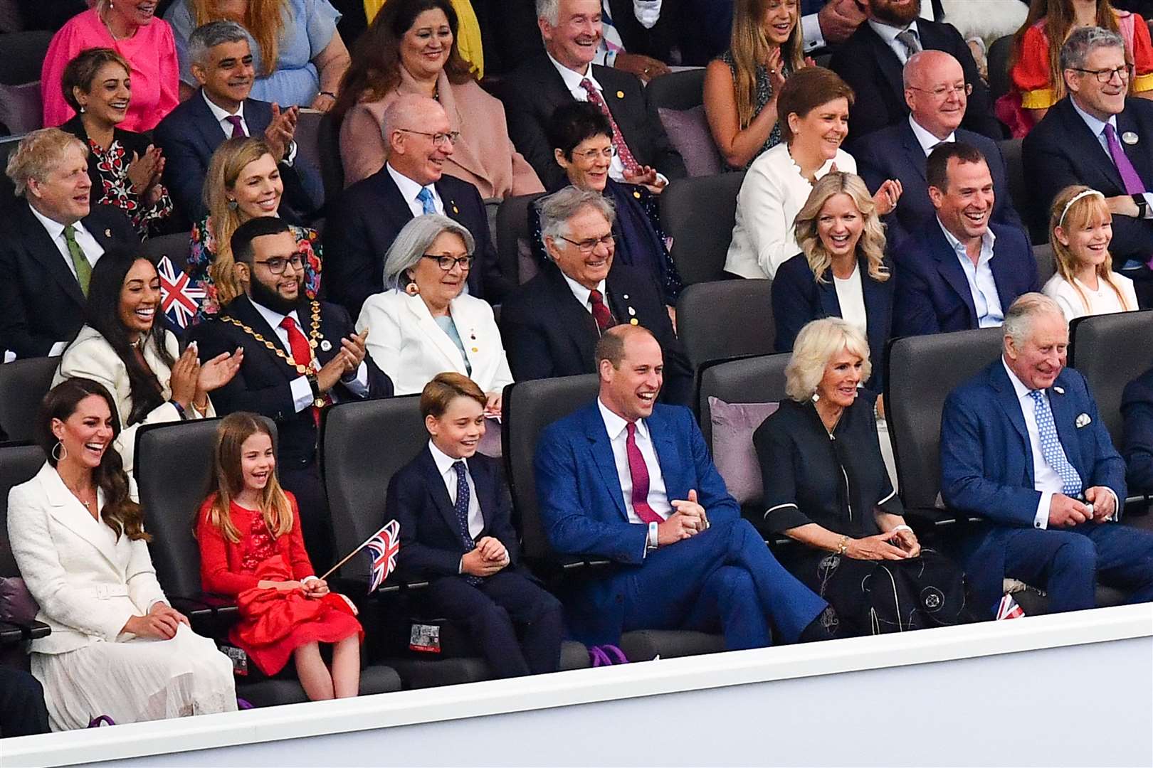 The Duchess of Cambridge, Princess Charlotte, Prince George, the Duke of Cambridge, the Duchess of Cornwall, the Prince of Wales in the royal box (Niklas Halle’n/PA)
