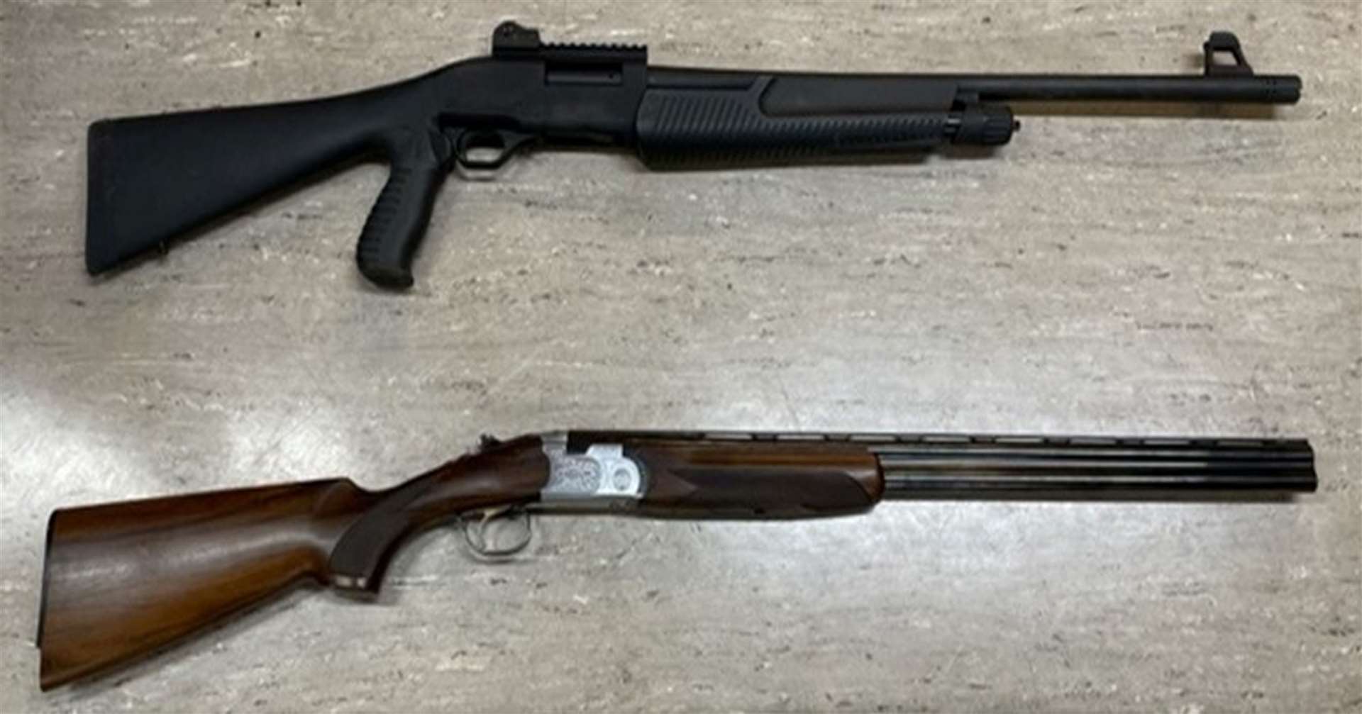 A Weatherby pump action shotgun (top) used by Jake Davison next to a standard sporting style 12–gauge (Plymouth HM Coroner)