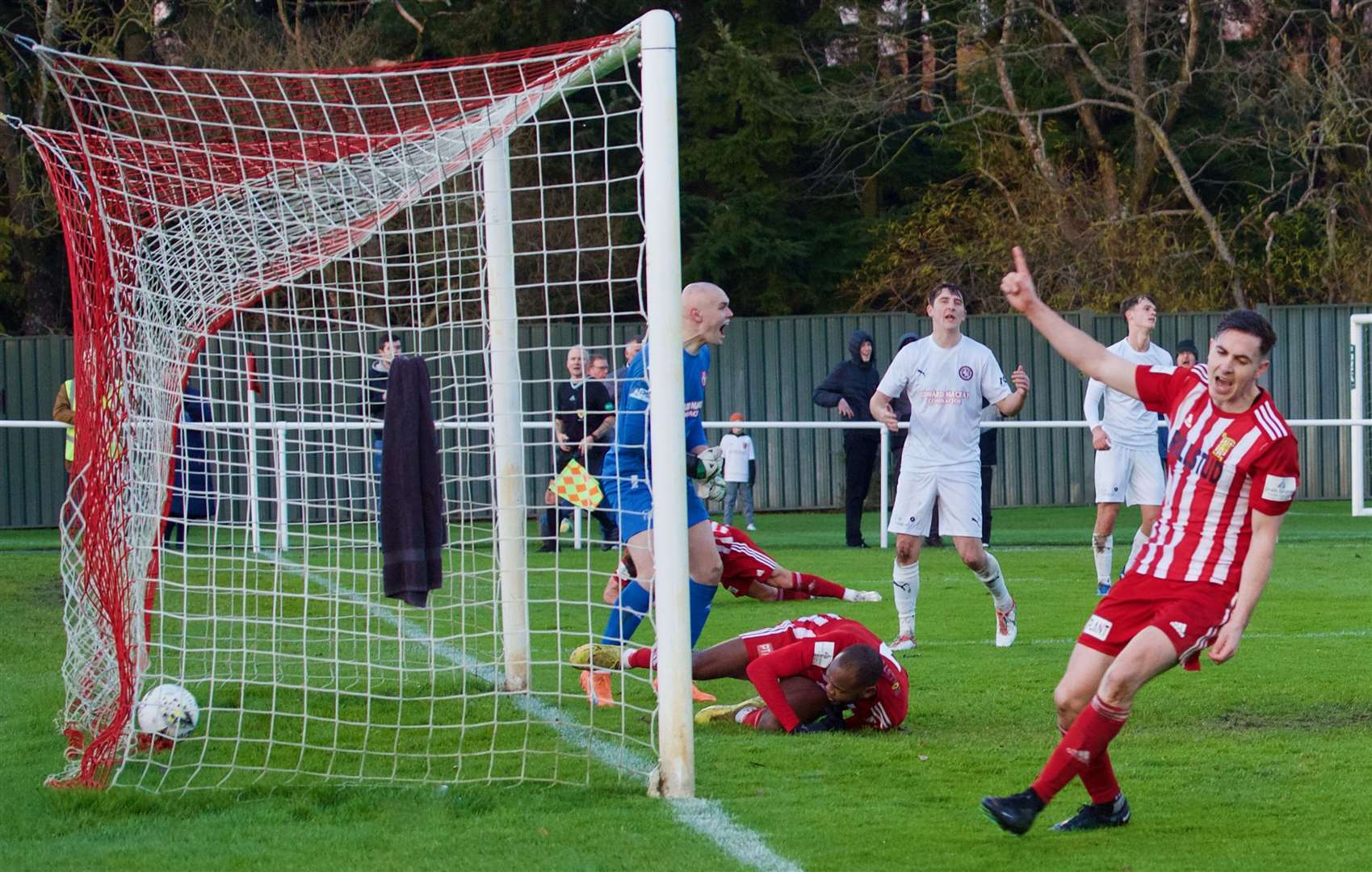 Julian Wade nods home Formartine United's second against Brora. Picture: Phil Harman