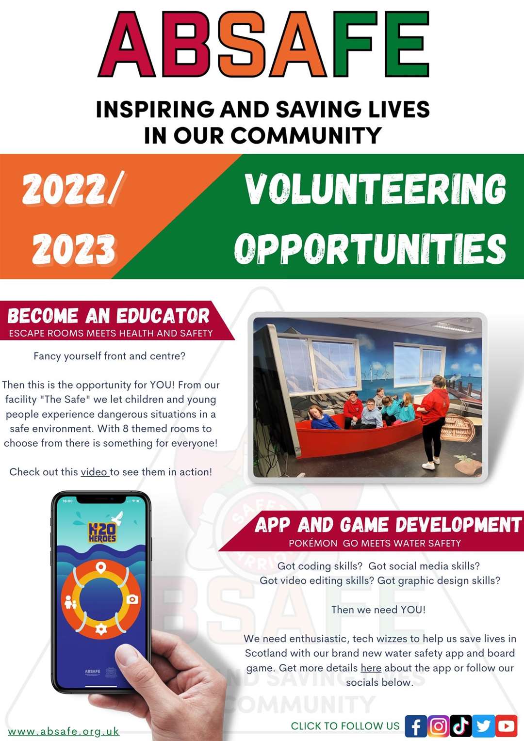 Absafe are looking for education and tech volunteers.
