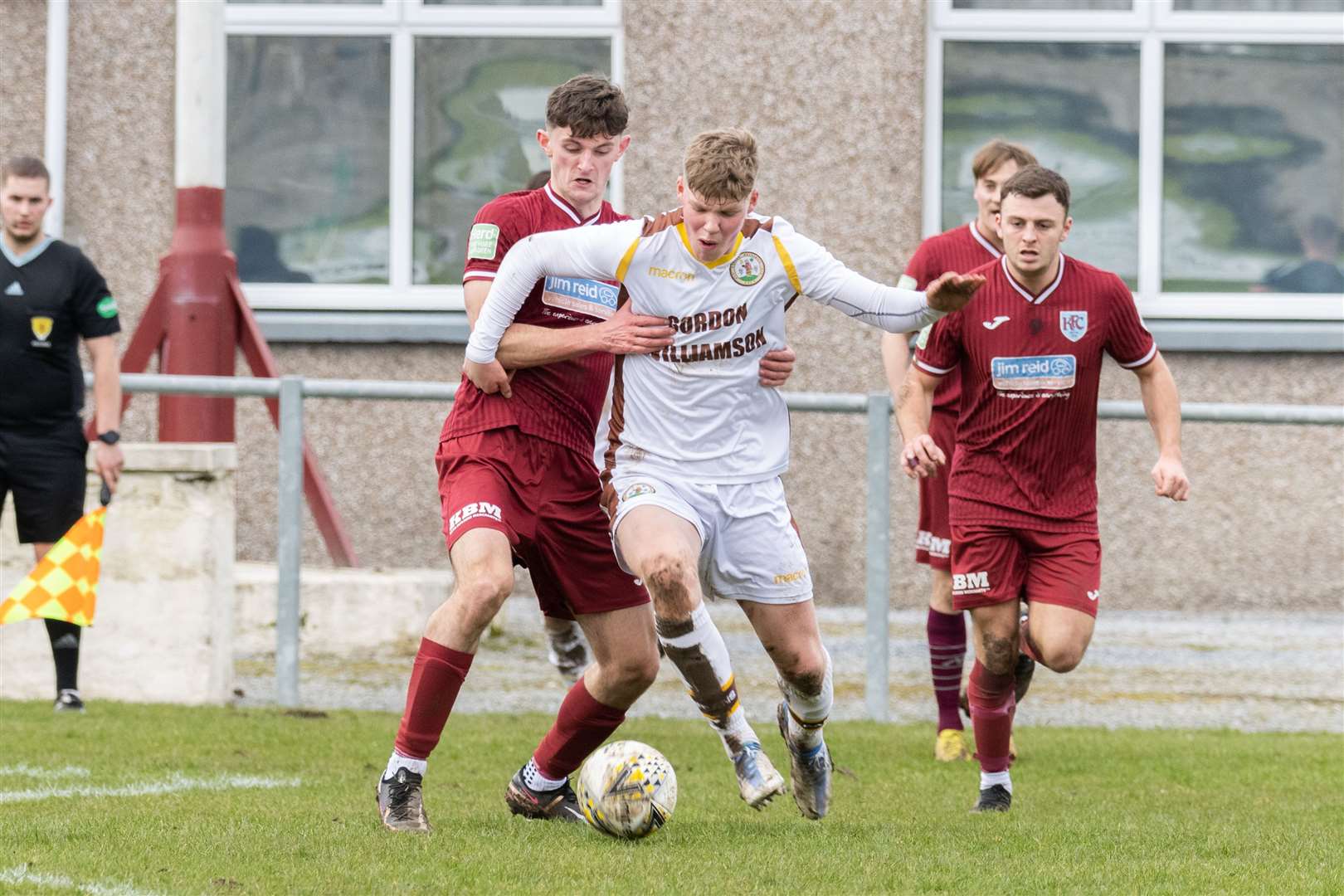 Forres' Ethan Cairns and Keith's Murray Addison compete for the ball. Picture: Beth Taylor.