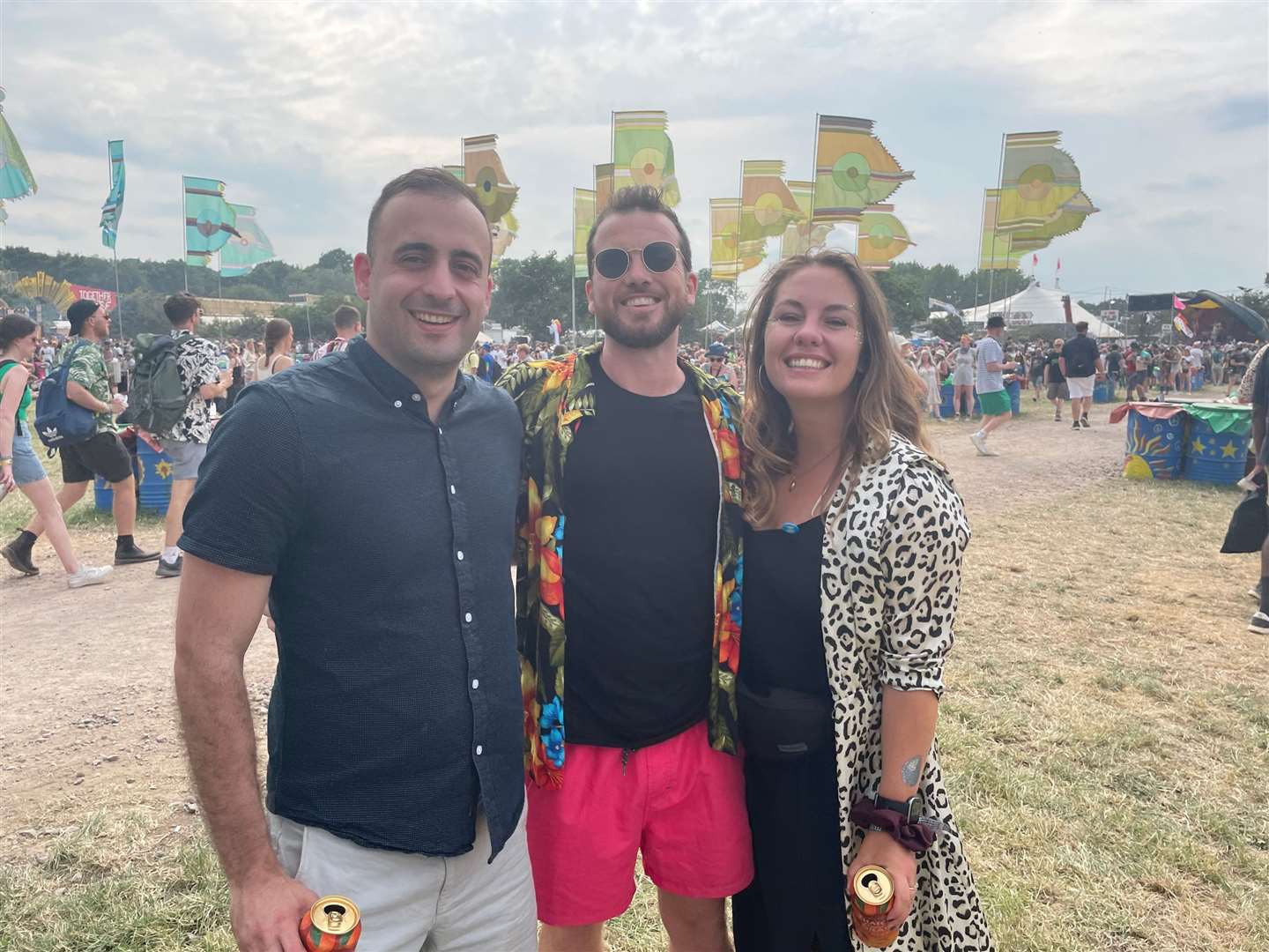 Nicholas Tsioupra, Alex Evans and Hollie Rowe-Roberts are enjoying their time at Glastonbury Festival (PA)