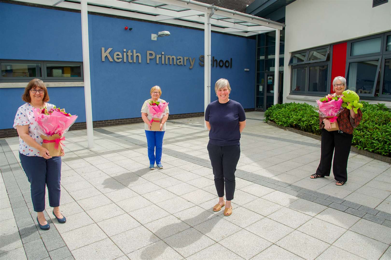 Keith Primary School Headteacher Susan Buchan (Second Right) with retiring teachers, from left, Wilma McGettrick, Carol Sheard and Jane Connelly. ..Picture: Daniel Forsyth..