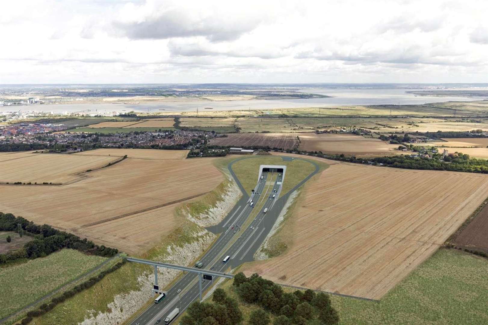 Undated handout artists impression issued by Highways England of how the southern portal of the Lower Thames Crossing, in Kent will look (Highways England/PA)