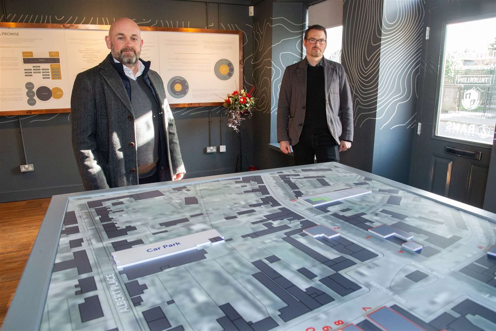 Colin Corson, left, operations manager, food and beverage, and Dr Peter Bye-Jensen, heritage consultant, at the "Dufftown: A New Dawn" project office at the town's Old Post Office, which was set up to showcase the regeneration vision. Picture: Daniel Forsyth.