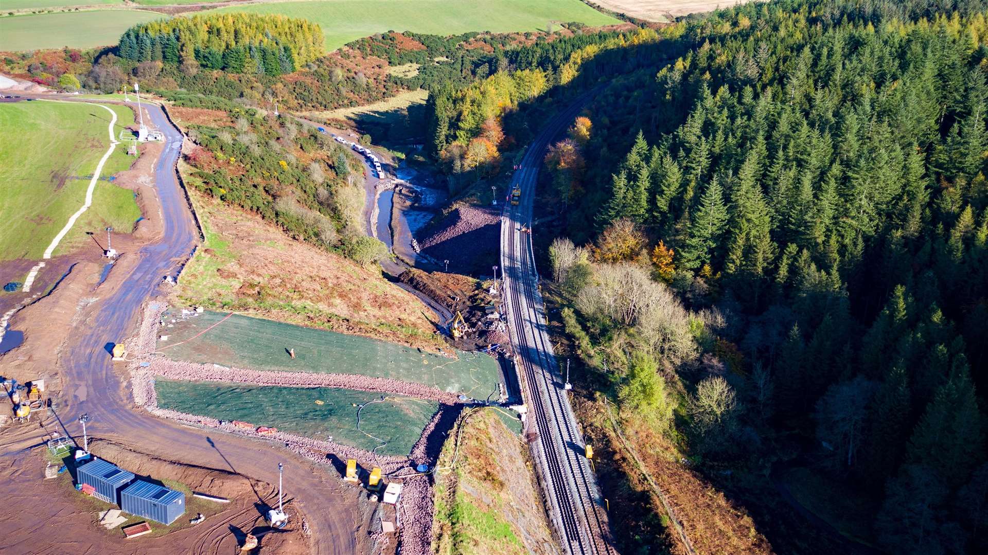 An aerial view of the work at the crash site at Stonehaven.