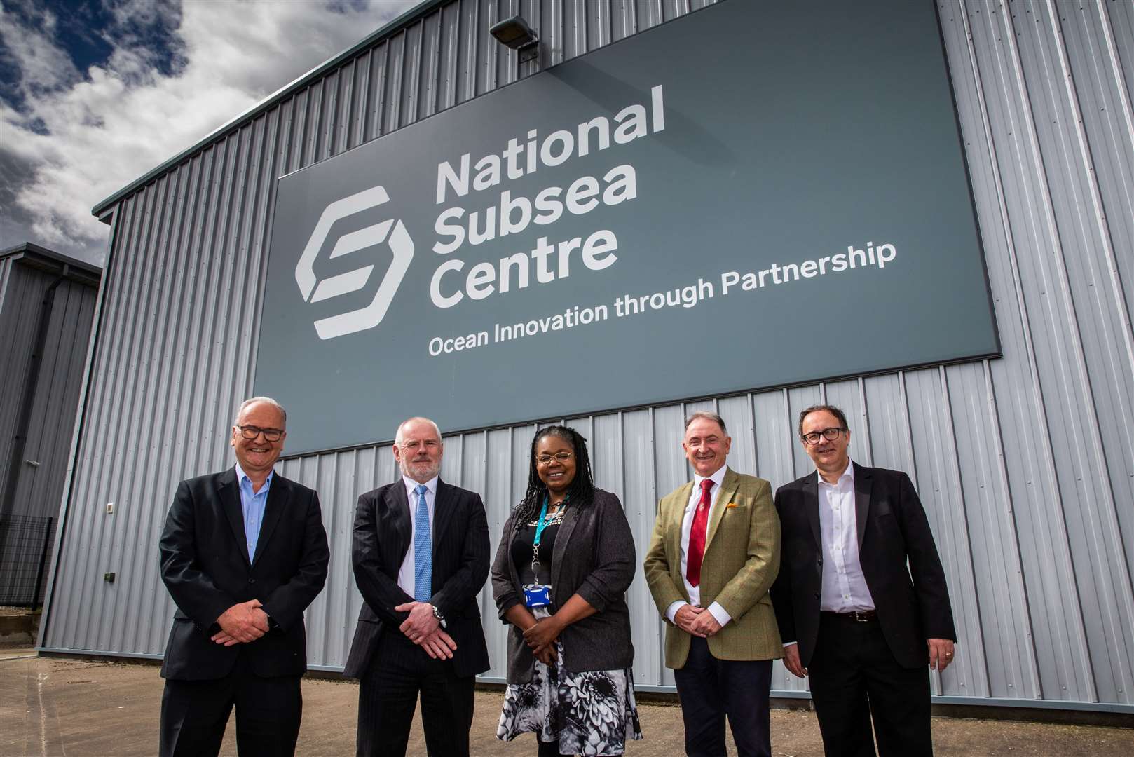 At the National Subsea Centre are (from left): Willie Reid, director of Strathclyde Offshore Energy Transition Programme; Professor Steve Olivier, principal of Robert Gordon University; Myrtle Dawes, solution centre director at Net Zero Technology Centre; Professor Sir Jim McDonald, principal of the University of Strathclyde; and Professor John McCall, director of the National Subsea Centre.