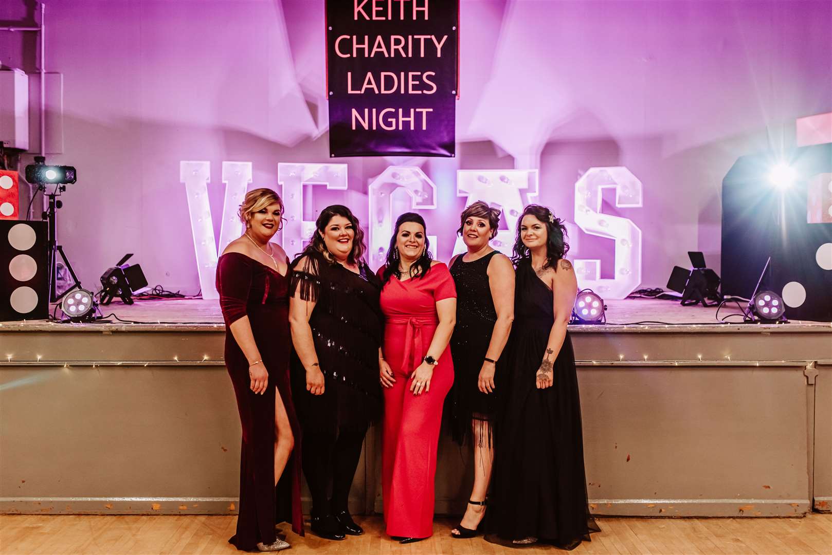 Glammed up for the Las Vegas spectacular are organisers (from left) Joeanne McDonagh, Kerry Forrest, Diane Barbour, Karren Forsyth and Debbie Smith. Picture: Linzi Lou Photography.