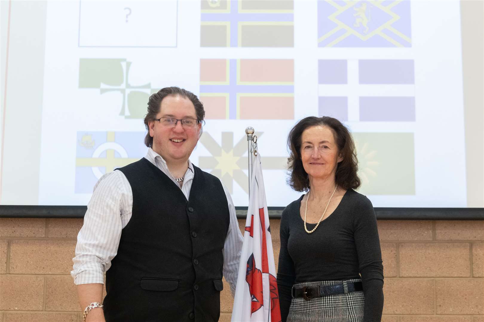 Vexillologist, Philip Tibbets (left) and Deputy Lord-Lieutenant, Nancy Robson (right) at Bishopmill Primary School which talks about the upcoming competition. ..Picture: Beth Taylor.