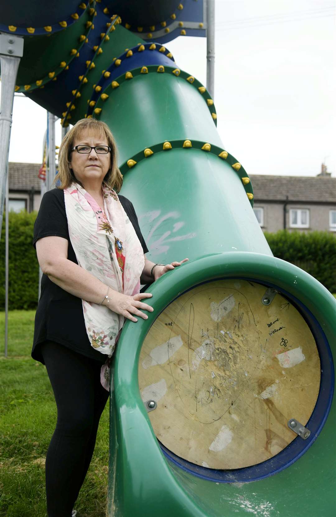 Sonya Warren at Well Road Park alongside the slide that was set on fire...Picture: Beth Taylor.