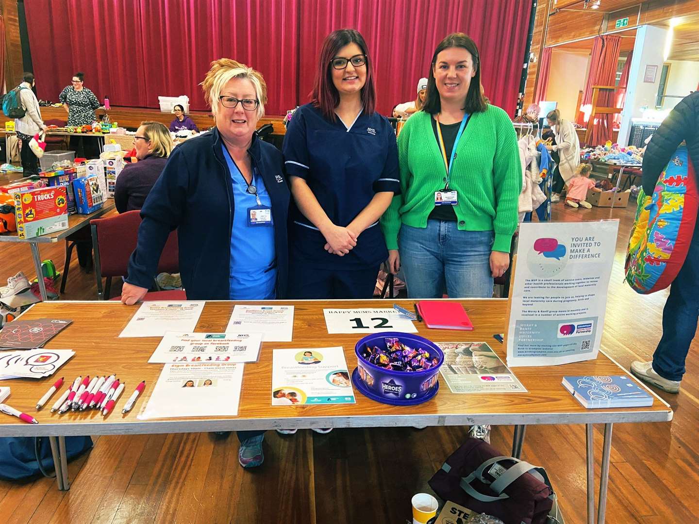 Kerri Morrison (Community Midwife - Speyside), Linda Tull (Community Midwife - Forres) and Hannah Ronald (NHS Grampian Maternity Services Community Engagement Manager) at Elgin Town Hall, October 2022.