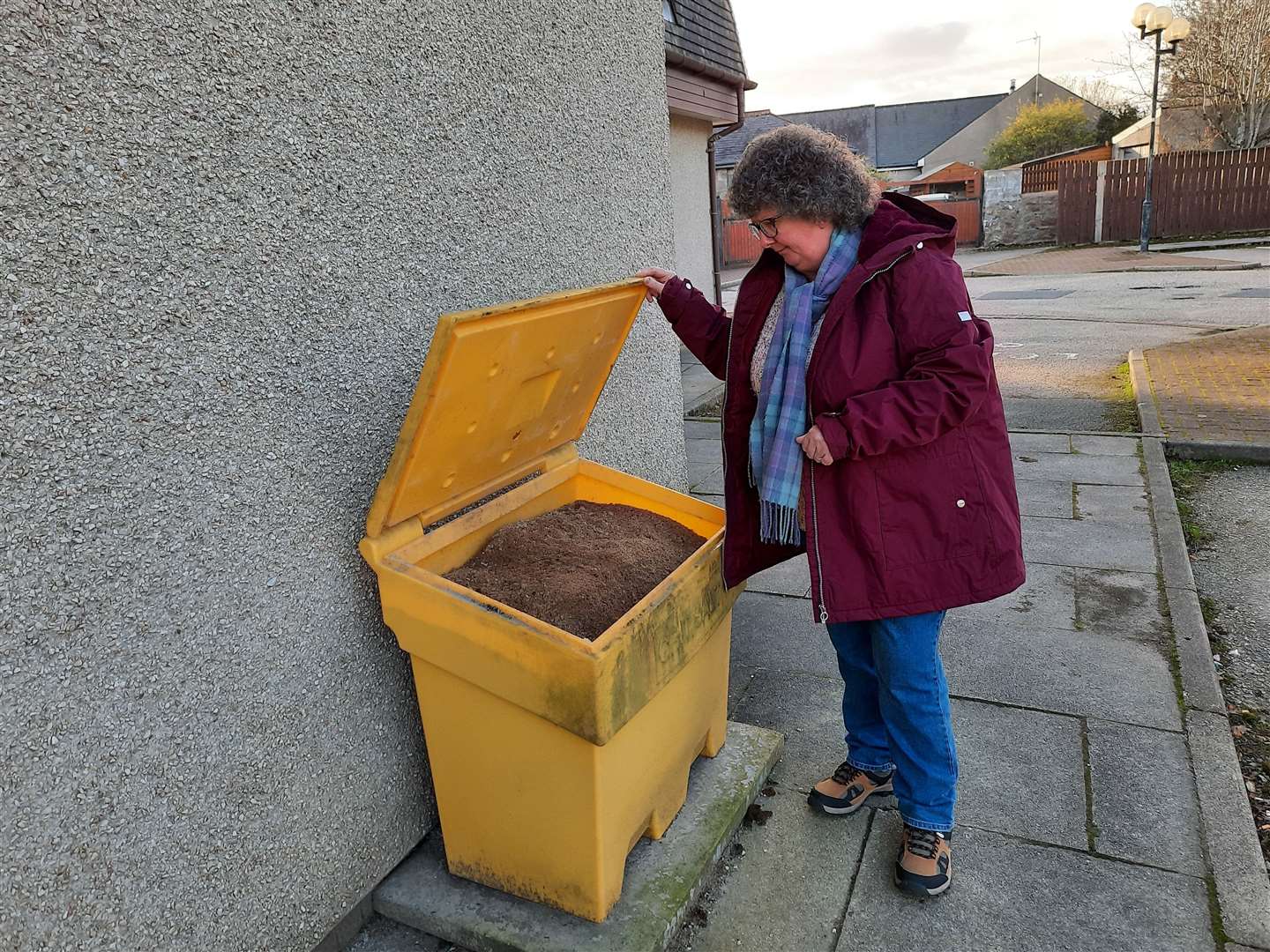 Councillor Gillian Owen at one of the grit bins in Ellon.