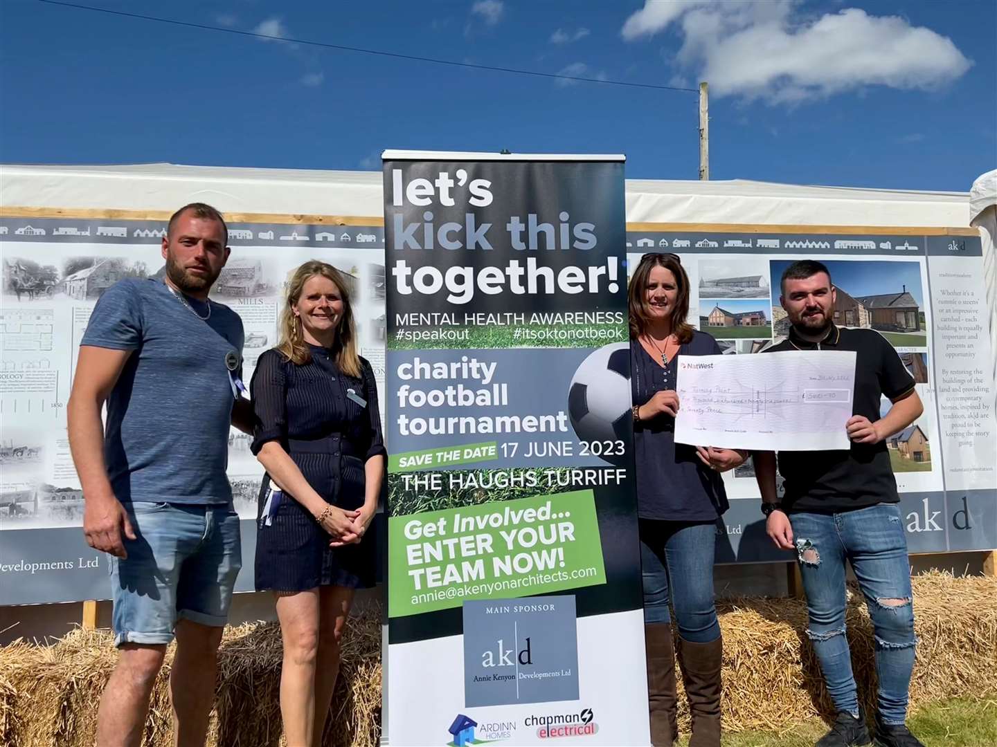 Ardinn Homes' Ryan Morrison (left) with Annie Kenyon Developments Ltd, directorAnnie Kenyon, TPS Aberdeenshire Peer Support Service manager Karen Watson and Darren Findlay of Chapman Electrical with the donation cheque from Let’s Kick It Together.