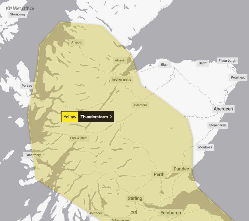 A yellow weather warning for thunderstorms has been issued for the Grampian area.