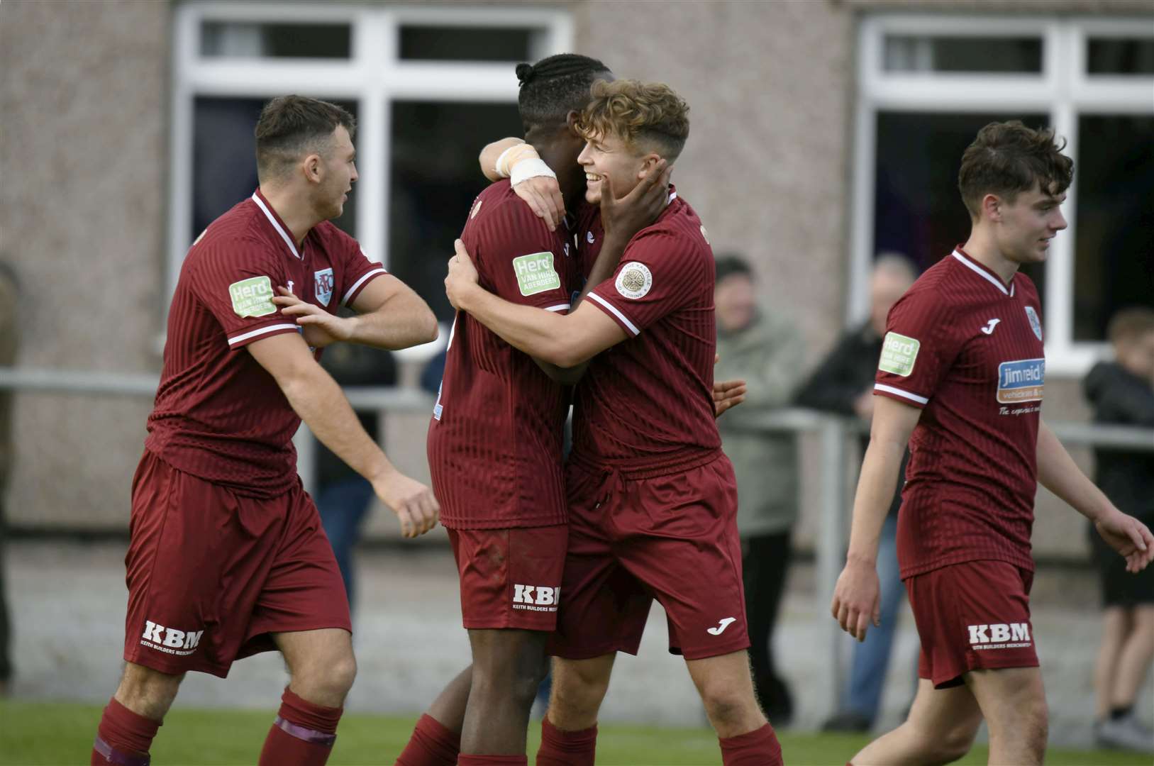 Keith's Kieran Mooney celebrating his goal with his team...Keith v Strathspey, Kynoch Park...Picture: Beth Taylor.