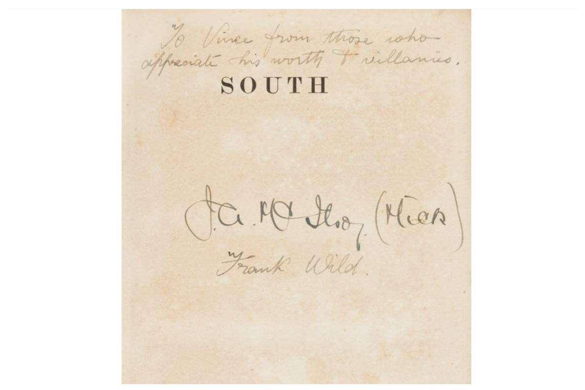 The copy of the account of the expedition is inscribed by Shackleton’s second-in-command Frank Wild (Lyon & Turnbull/PA)