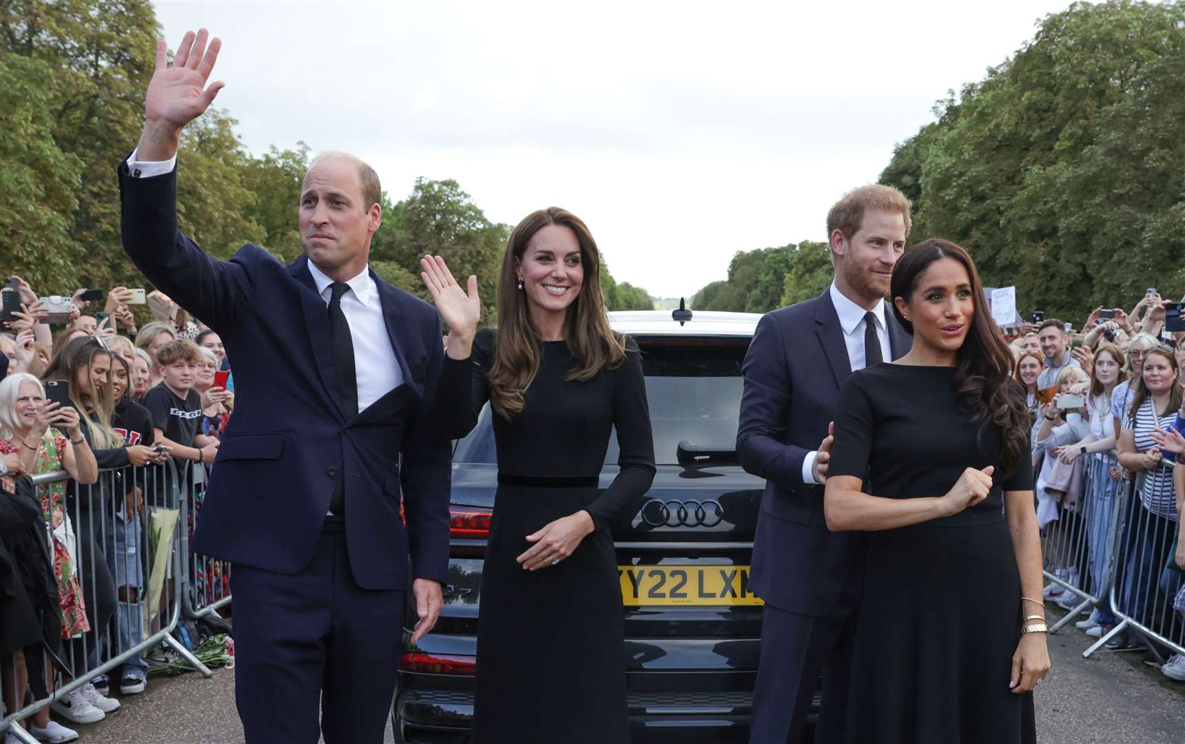 The Prince and Princess of Wales and the Duke and Duchess of Sussex waving to members of the public at Windsor Castle in Berkshire following the death of Queen Elizabeth II (Chris Jackson/PA)
