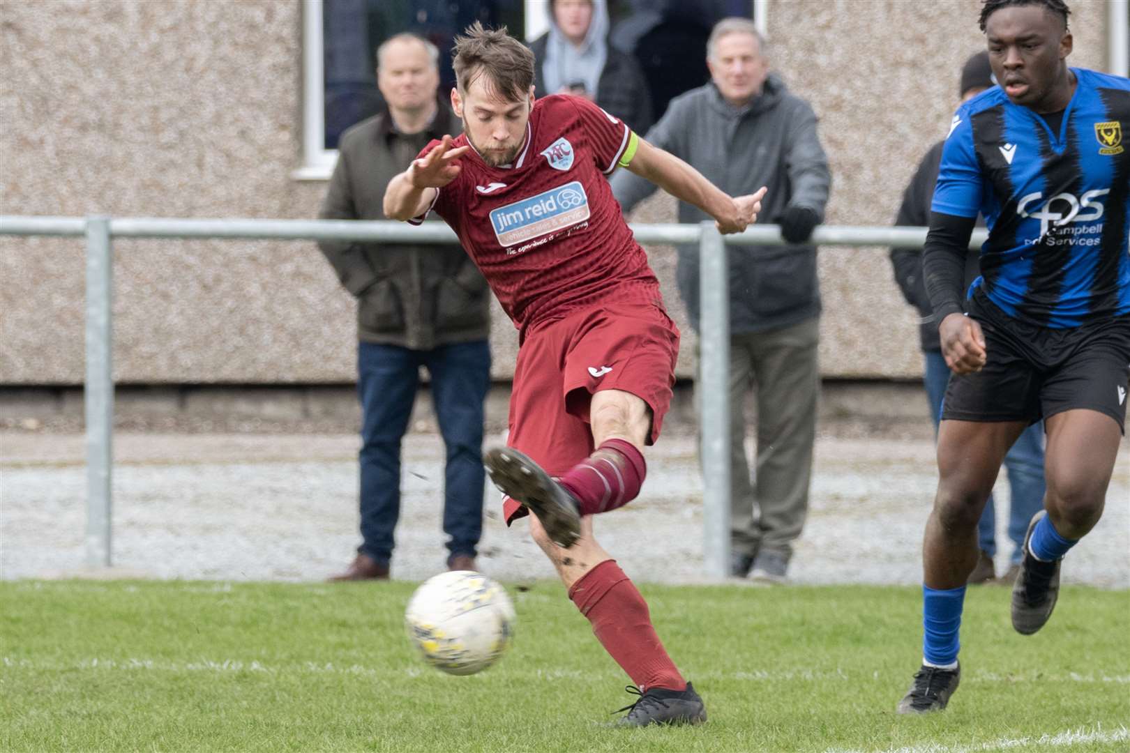 Keith's James Brownie makes an attempt for goal...Keith F.C. v Huntly F.C. at Kynoch Park...Picture: Beth Taylor.