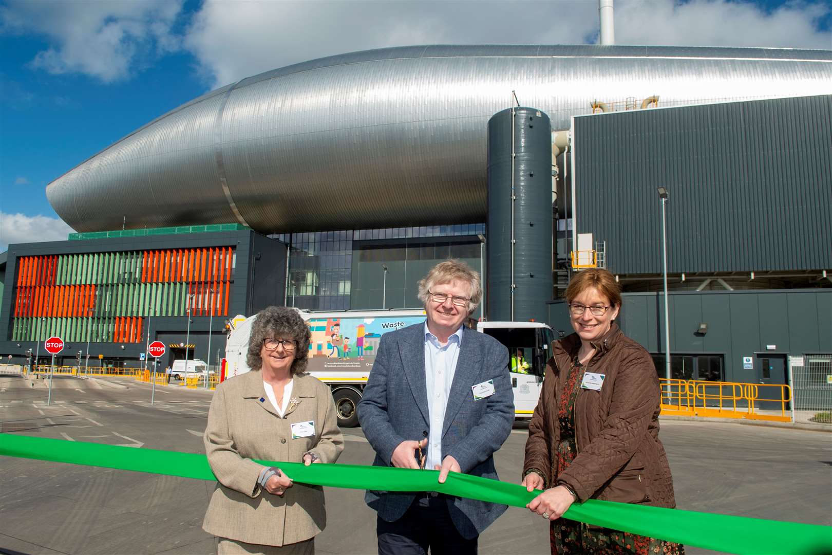 Councillor Gillian Owen Leader of Aberdeenshire Council (left) with Councillor Ian Yuill, Co Leader Aberdeen City Council and Kathleen Robertson, Leader Moray Council at the opening of the waste centre.